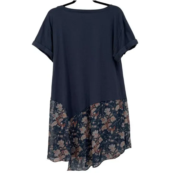 Anthropologie Akemi & Kin Blue Size Large Tunic Top Womens Floral Applique Hem - Picture 2 of 8